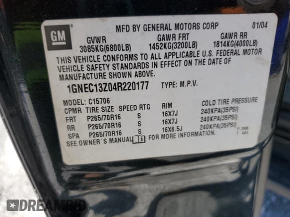 ✅ 2004 Chevrolet Tahoe LS • VIN: 1GNEC13Z04R220177 • Lot: 48406255. Listed on Copart with 215,167 mi. Free auction sales archive from the USA and detailed vehicle history report at DreamBid. Image 13.