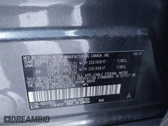 ✅ 2021 Toyota RAV4 LE • VIN: 2T3F1RFV2MC205336 • Лот: 43637964. Опубликован ранее на IAAI с пробегом 56 341 миль. Бесплатный доступ к архиву аукционных продаж из США и подробный отчёт об истории автомобиля на DreamBid. Изображение 9.