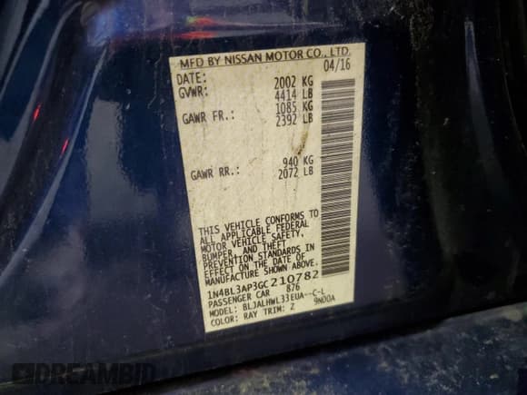 ✅ 2016 Nissan Altima SL • VIN: 1N4BL3AP3GC210782 • Lot: 59312825. Listed on Copart with 137,336 mi. Free auction sales archive from the USA and detailed vehicle history report at DreamBid. Image 12.