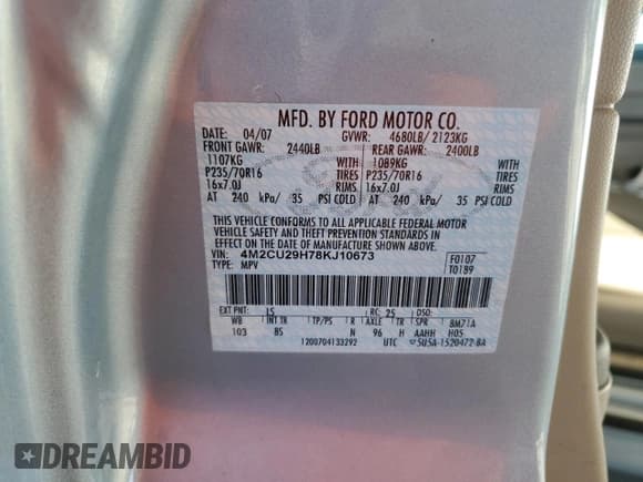 ✅ 2008 Mercury Mariner • VIN: 4M2CU29H78KJ10673 • Lot: 81703754. Wystawiony na Copart z przebiegiem 89 294 mil. Bezpłatny archiwum sprzedaży aukcyjnych z USA i szczegółowy raport historii pojazdu na DreamBid. Zdjęcie 13.