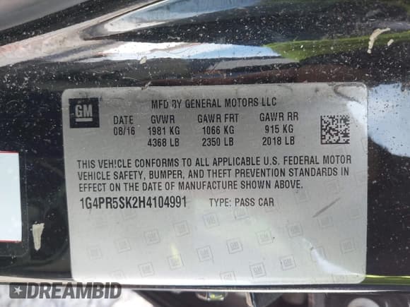✅ 2017 Buick Verano Sport Touring • VIN: 1G4PR5SK2H4104991 • Lot: 43166379. Listed on IAAI with 180,641 mi. Free auction sales archive from the USA and detailed vehicle history report at DreamBid. Image 9.