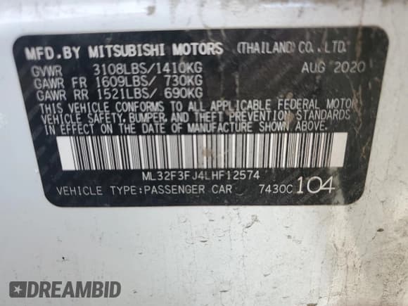 ✅ 2020 Mitsubishi Mirage ES • VIN: ML32F3FJ4LHF12574 • Lot: 90514755. Listed on Copart with 24,245 mi. Free auction sales archive from the USA and detailed vehicle history report at DreamBid. Image 12.