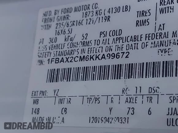 ✅ 2019 Ford Transit Passenger XL • VIN: 1FBAX2CM6KKA99672 • Лот: 41003698. Опубликован ранее на IAAI с пробегом 73 096 миль. Бесплатный доступ к архиву аукционных продаж из США и подробный отчёт об истории автомобиля на DreamBid. Изображение 9.