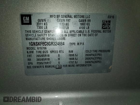 2016 Chevrolet Tahoe Commercial с VIN 1GNSKFEC8GR324884, выставлен на аукционе Copart как лот 88979785 с пробегом 109 458 миль миль и Чистый • Clean title. История ставок и продаж доступна на DreamBid. Изображение 13.