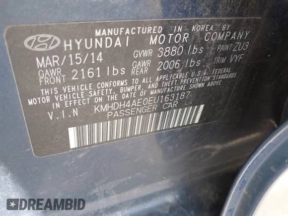 2014 Hyundai Elantra SE z VIN KMHDH4AE0EU163187, wystawiony jako IAAI lot #43472754 z przebiegiem Nie podano mil oraz . Historia ofert i sprzedaży dostępna na DreamBid. Obrazek 9.