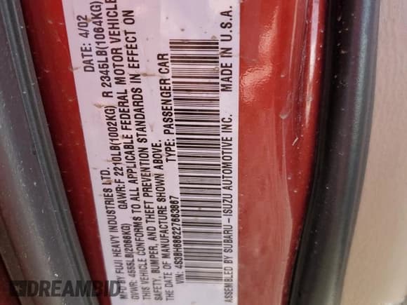 ✅ 2002 Subaru Legacy Outback Limited • VIN: 4S3BH686227663867 • Lot: 83188164. Listed on Copart with 135,232 mi. Free auction sales archive from the USA and detailed vehicle history report at DreamBid. Image 13.