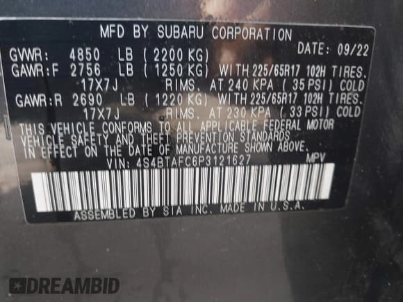 ✅ 2023 Subaru Outback Premium • VIN: 4S4BTAFC6P3121627 • Lot: 43265757. Wystawiony na IAAI z przebiegiem 55 600 mil. Bezpłatny archiwum sprzedaży aukcyjnych z USA i szczegółowy raport historii pojazdu na DreamBid. Zdjęcie 9.