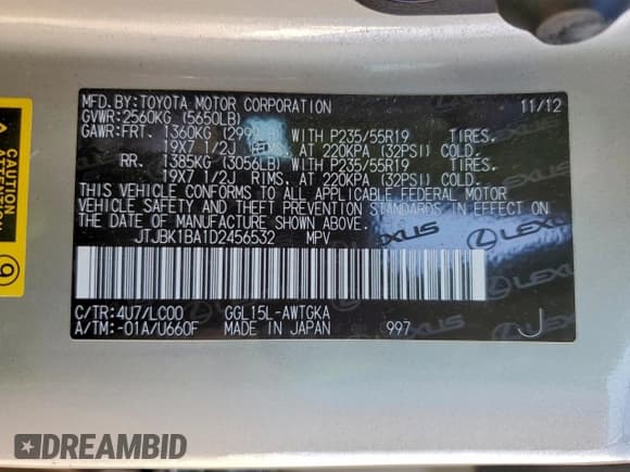 ✅ 2013 Lexus RX 350 • VIN: JTJBK1BA1D2456532 • Лот: 94346835. Опубликован ранее на Copart с пробегом 110 116 миль. Бесплатный доступ к архиву аукционных продаж из США и подробный отчёт об истории автомобиля на DreamBid. Изображение 12.