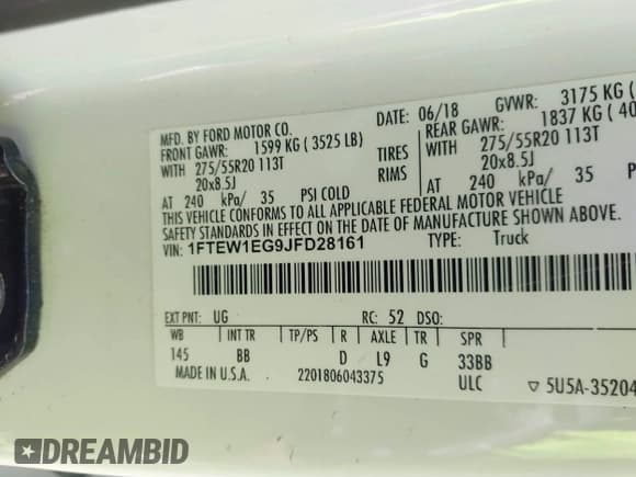 ✅ 2018 Ford F-150 XL • VIN: 1FTEW1EG9JFD28161 • Lot: 42254754. Listed on IAAI with 122,769 mi. Free auction sales archive from the USA and detailed vehicle history report at DreamBid. Image 9.