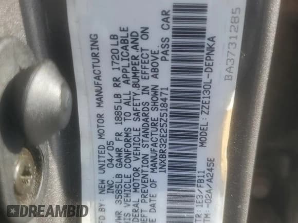 ✅ 2005 Toyota Corolla CE • VIN: 1NXBR32E25Z518471 • Лот: 91832015. Опубликован ранее на Copart с пробегом Не указан. Бесплатный доступ к архиву аукционных продаж из США и подробный отчёт об истории автомобиля на DreamBid. Изображение 13.