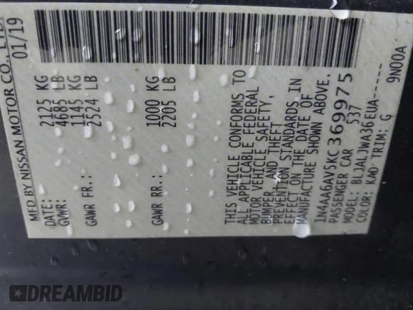 ✅ 2019 Nissan Maxima SL • VIN: 1N4AA6AV5KC369975 • Lot: 42007488. Listed on IAAI with 87,664 mi. Free auction sales archive from the USA and detailed vehicle history report at DreamBid. Image 9.