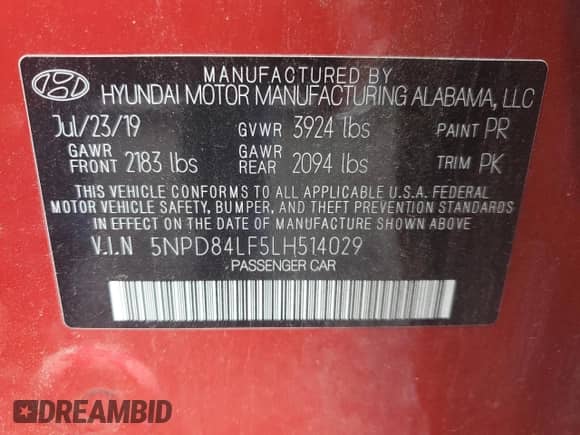 2020 Hyundai Elantra SEL with VIN 5NPD84LF5LH514029, listed as a Copart auction lot 64388665 with 172,019 mi miles and Salvage title. Bid and sale history available at DreamBid. Image 12.