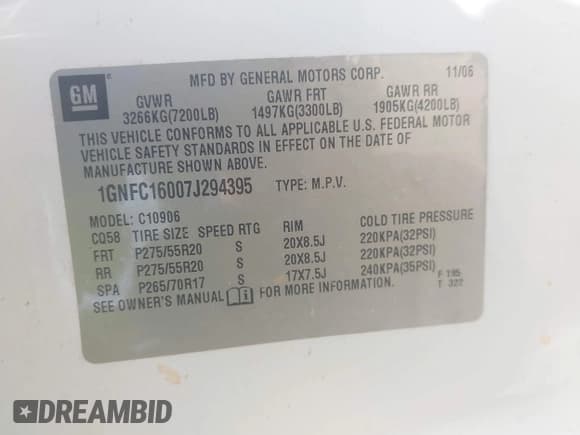 ✅ 2007 Chevrolet Suburban LT • VIN: 1GNFC16007J294395 • Lot: 42590528. Listed on IAAI with 261,070 mi. Free auction sales archive from the USA and detailed vehicle history report at DreamBid. Image 9.