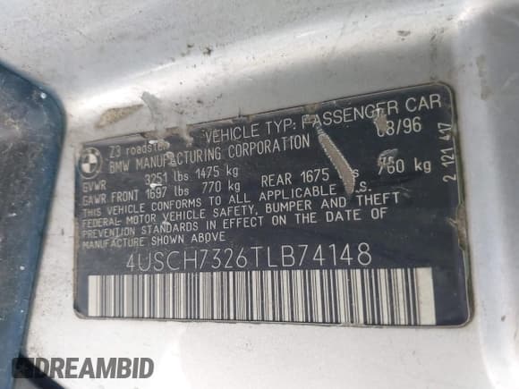 ✅ 1996 BMW 3 Series Z3 1.9 • VIN: 4USCH7326TLB74148 • Lot: 43907558. Listed on IAAI with 139,154 mi. Free auction sales archive from the USA and detailed vehicle history report at DreamBid. Image 9.