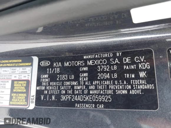 ✅ 2019 Kia Forte LXS • VIN: 3KPF24AD5KE059925 • Lot: 43833314. Listed on IAAI with 86,572 mi. Free auction sales archive from the USA and detailed vehicle history report at DreamBid. Image 9.