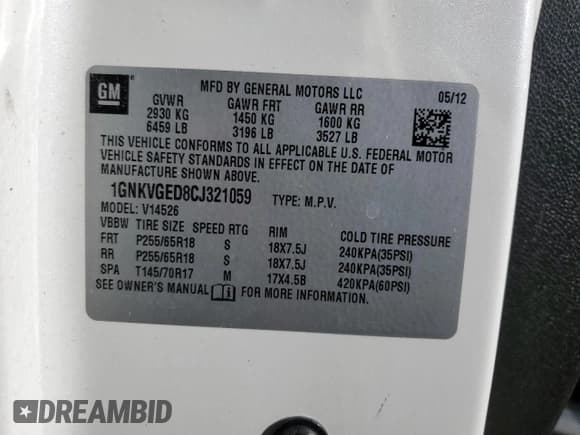 ✅ 2012 Chevrolet Traverse 1LT • VIN: 1GNKVGED8CJ321059 • Лот: 80706634. Опубликован ранее на Copart с пробегом 162 435 миль. Бесплатный доступ к архиву аукционных продаж из США и подробный отчёт об истории автомобиля на DreamBid. Изображение 13.