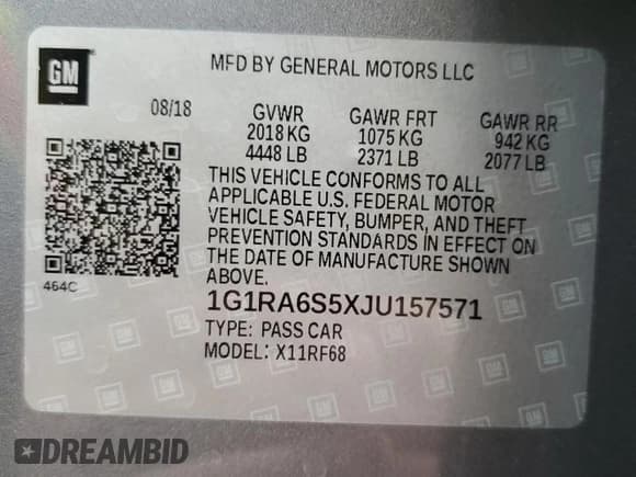 ✅ 2018 Chevrolet Volt LT • VIN: 1G1RA6S5XJU157571 • Lot: 43038774. Listed on Copart with 110,338 mi. Free auction sales archive from the USA and detailed vehicle history report at DreamBid. Image 13.