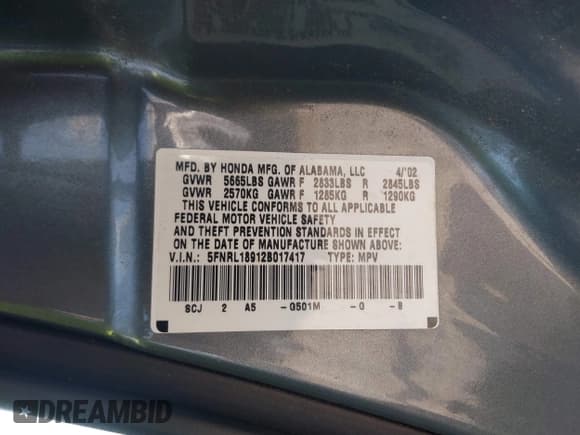 ✅ 2002 Honda Odyssey EX-L • VIN: 5FNRL18912B017417 • Лот: 43011599. Опубликован ранее на IAAI с пробегом Не указан. Бесплатный доступ к архиву аукционных продаж из США и подробный отчёт об истории автомобиля на DreamBid. Изображение 9.