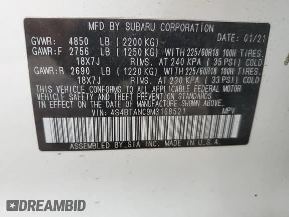 ✅ 2021 Subaru Outback Limited • VIN: 4S4BTANC9M3168521 • Lot: 58384795. Listed on Copart with 56,813 mi. Free auction sales archive from the USA and detailed vehicle history report at DreamBid. Image 13.