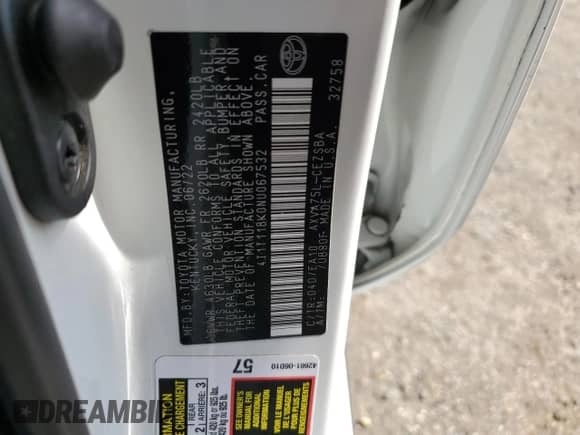 2022 Toyota Camry SE с VIN 4T1T11BK0NU067532, выставлен на аукционе Copart как лот 62835825 с пробегом 69 987 миль миль и Списание • Salvage title. История ставок и продаж доступна на DreamBid. Изображение 12.