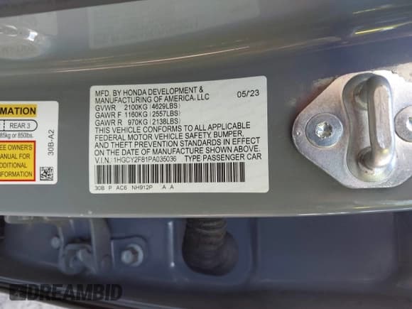 ✅ 2023 Honda Accord Touring • VIN: 1HGCY2F81PA035036 • Lot: 43503792. Listed on IAAI with Not provided. Free auction sales archive from the USA and detailed vehicle history report at DreamBid. Image 9.