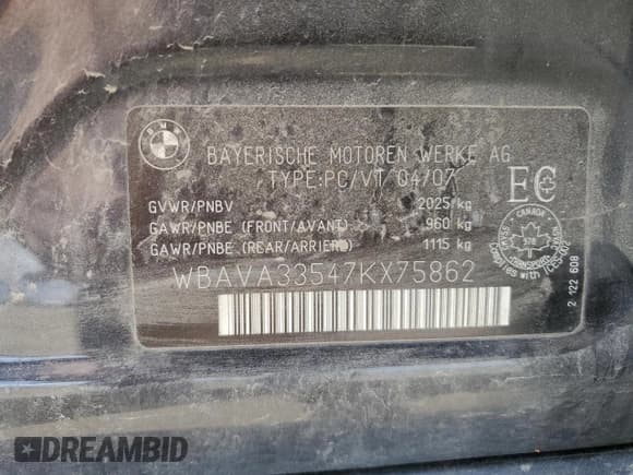 ✅ 2007 BMW 3 Series 328i • VIN: WBAVA33547KX75862 • Lot: 59608905. Listed on Copart with 271,507 mi. Free auction sales archive from the USA and detailed vehicle history report at DreamBid. Image 12.