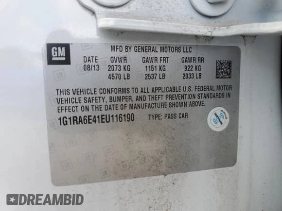 2014 Chevrolet Volt z VIN 1G1RA6E41EU116190, wystawiony jako Copart lot #54597294 z przebiegiem 99 348 mil mil oraz Szkoda całkowita • Salvage title. Historia ofert i sprzedaży dostępna na DreamBid. Obrazek 12.