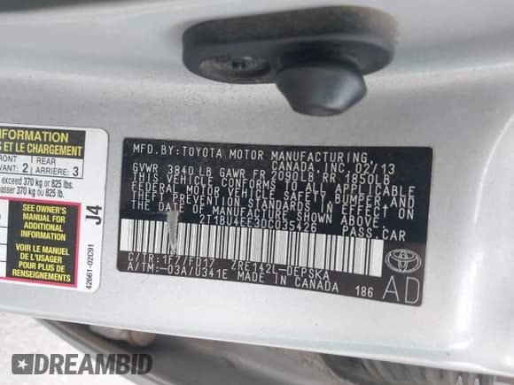 ✅ 2013 Toyota Corolla S • VIN: 2T1BU4EE3DC035426 • Lot: 43576248. Listed on IAAI with 219,871 mi. Free auction sales archive from the USA and detailed vehicle history report at DreamBid. Image 9.