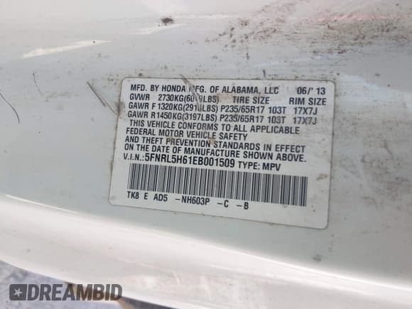 ✅ 2014 Honda Odyssey EX-L • VIN: 5FNRL5H61EB001509 • Lot: 42371539. Listed on IAAI with 259,195 mi. Free auction sales archive from the USA and detailed vehicle history report at DreamBid. Image 9.