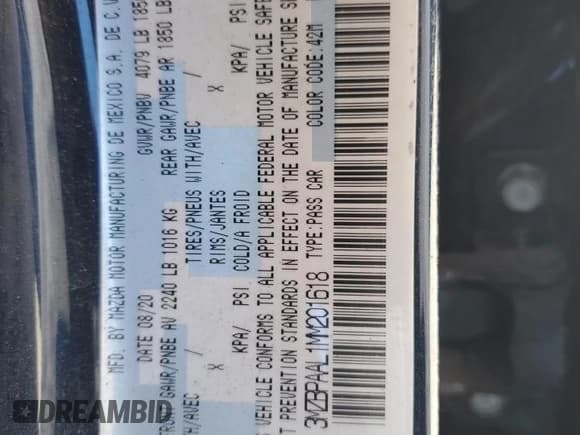 ✅ 2021 Mazda 3 S • VIN: 3MZBPAAL1MM201618 • Lot: 82760955. Listed on Copart with 72,441 mi. Free auction sales archive from the USA and detailed vehicle history report at DreamBid. Image 12.