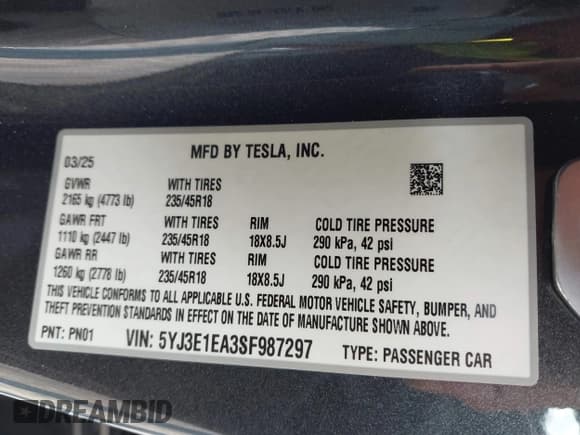 ✅ 2025 Tesla Model 3 Long Range • VIN: 5YJ3E1EA3SF987297 • Lot: 43312838. Wystawiony na IAAI z przebiegiem 3 601 mil. Bezpłatny archiwum sprzedaży aukcyjnych z USA i szczegółowy raport historii pojazdu na DreamBid. Zdjęcie 9.