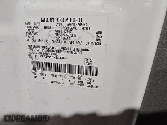 ✅ 2006 Ford F-150 XL • VIN: 1FTRF12W16NB44388 • Lot: 91729905. Wystawiony na Copart z przebiegiem 190 234 mil. Bezpłatny archiwum sprzedaży aukcyjnych z USA i szczegółowy raport historii pojazdu na DreamBid. Zdjęcie 12.