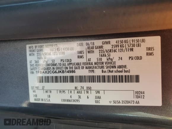 ✅ 2018 Ford Transit Passenger XL • VIN: 1FBAX2CG6JKB14986 • Лот: 71030705. Опубликован ранее на Copart с пробегом 70 540 миль. Бесплатный доступ к архиву аукционных продаж из США и подробный отчёт об истории автомобиля на DreamBid. Изображение 14.