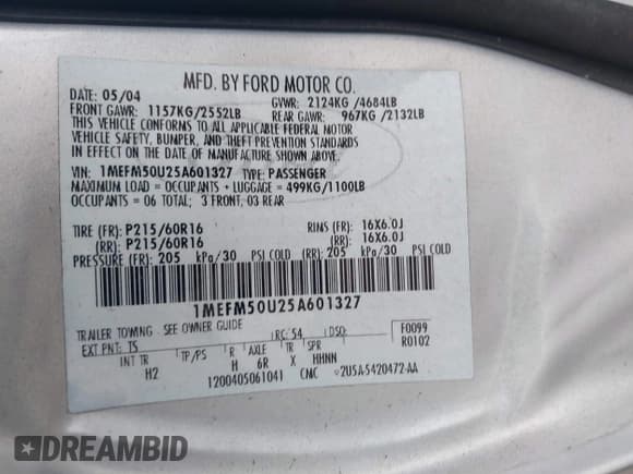 ✅ 2005 Mercury Sable GS • VIN: 1MEFM50U25A601327 • Lot: 43336921. Listed on IAAI with 86,001 mi. Free auction sales archive from the USA and detailed vehicle history report at DreamBid. Image 9.