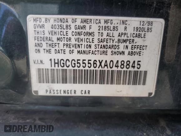 ✅ 1999 Honda Accord EX • VIN: 1HGCG5556XA048845 • Лот: 58376265. Опубликован ранее на Copart с пробегом 157 249 миль. Бесплатный доступ к архиву аукционных продаж из США и подробный отчёт об истории автомобиля на DreamBid. Изображение 12.