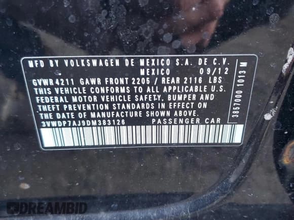 ✅ 2013 Volkswagen Jetta SE • VIN: 3VWDP7AJ9DM383126 • Lot: 46524325. Listed on Copart with 129,488 mi. Free auction sales archive from the USA and detailed vehicle history report at DreamBid. Image 13.