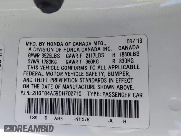 ✅ 2013 Honda Civic Si • VIN: 2HGFG4A58DH702710 • Lot: 43702001. Listed on IAAI with 180,219 mi. Free auction sales archive from the USA and detailed vehicle history report at DreamBid. Image 9.