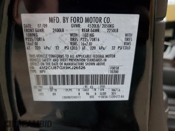 ✅ 2009 Mercury Mariner Premier • VIN: 4M2CU87GX9KJ26526 • Lot: 60806815. Wystawiony na Copart z przebiegiem 134 974 mil. Bezpłatny archiwum sprzedaży aukcyjnych z USA i szczegółowy raport historii pojazdu na DreamBid. Zdjęcie 13.