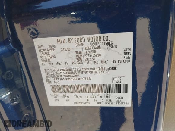 ✅ 2008 Ford F-150 XLT • VIN: 1FTPW12V68FA09743 • Lot: 42165462. Listed on IAAI with 230,003 mi. Free auction sales archive from the USA and detailed vehicle history report at DreamBid. Image 9.