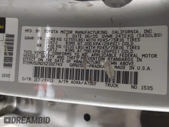 ✅ 2005 Toyota Tacoma • VIN: 5TEMU52N25Z102743 • Лот: 43667677. Опубликован ранее на IAAI с пробегом 230 077 миль. Бесплатный доступ к архиву аукционных продаж из США и подробный отчёт об истории автомобиля на DreamBid. Изображение 9.