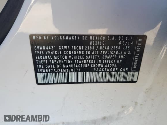 ✅ 2014 Volkswagen Jetta Hybrid • VIN: 3VW637AJXEM278973 • Lot: 91778595. Listed on Copart with 102,606 mi. Free auction sales archive from the USA and detailed vehicle history report at DreamBid. Image 12.