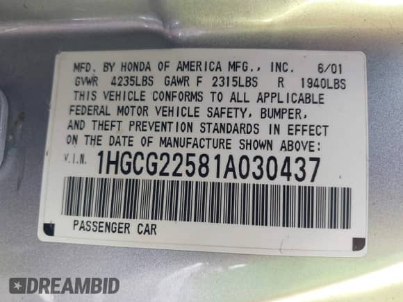 2001 Honda Accord EX с VIN 1HGCG22581A030437, выставлен на аукционе IAAI как лот 42987545 с пробегом 209 617 миль миль и . История ставок и продаж доступна на DreamBid. Изображение 9.