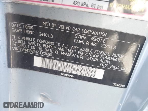 ✅ 2007 Volvo C70 • VIN: YV1MC68217J013890 • Lot: 43060496. Listed on IAAI with 146,855 mi. Free auction sales archive from the USA and detailed vehicle history report at DreamBid. Image 9.