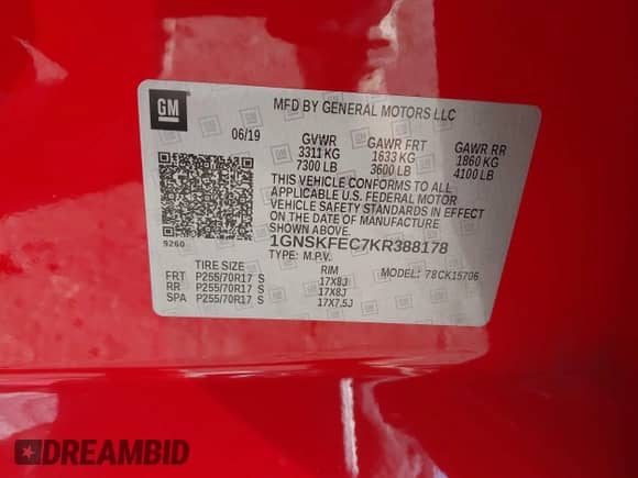 2019 Chevrolet Tahoe Commercial с VIN 1GNSKFEC7KR388178, выставлен на аукционе IAAI как лот 41299288 с пробегом 82 851 миль миль и . История ставок и продаж доступна на DreamBid. Изображение 9.