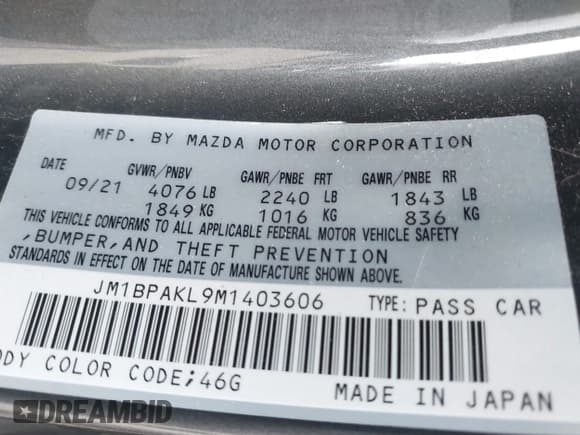 ✅ 2021 Mazda 3 Select • VIN: JM1BPAKL9M1403606 • Lot: 42725283. Listed on IAAI with Not provided. Free auction sales archive from the USA and detailed vehicle history report at DreamBid. Image 9.