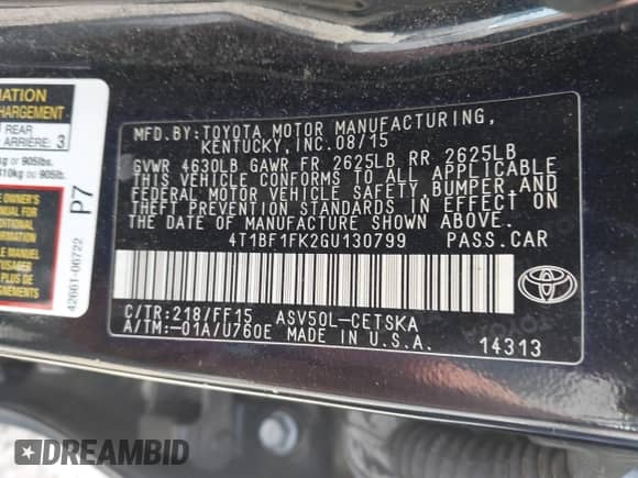 2016 Toyota Camry SE with VIN 4T1BF1FK2GU130799, listed as a IAAI auction lot 43257256 with 146,606 mi miles and . Bid and sale history available at DreamBid. Image 9.