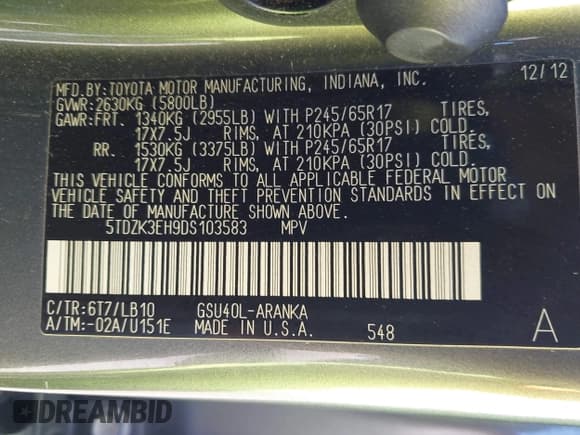 ✅ 2013 Toyota Highlander SE • VIN: 5TDZK3EH9DS103583 • Лот: 43472460. Опубликован ранее на IAAI с пробегом 105 782 миль. Бесплатный доступ к архиву аукционных продаж из США и подробный отчёт об истории автомобиля на DreamBid. Изображение 9.