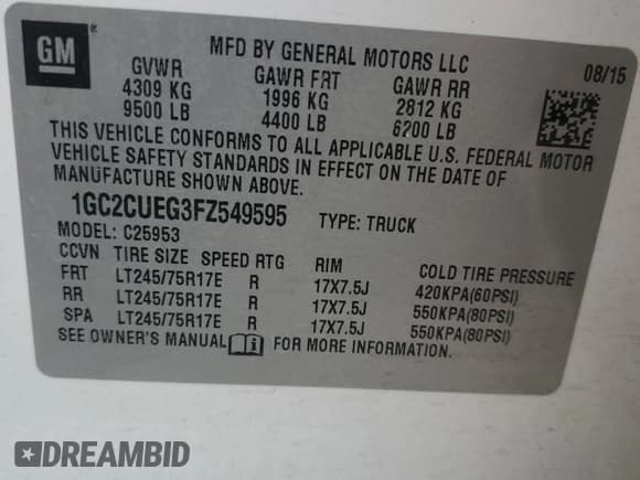 ✅ 2015 Chevrolet Silverado 2500HD Work Truck • VIN: 1GC2CUEG3FZ549595 • Lot: 82048864. Listed on Copart with 282,666 mi. Free auction sales archive from the USA and detailed vehicle history report at DreamBid. Image 12.