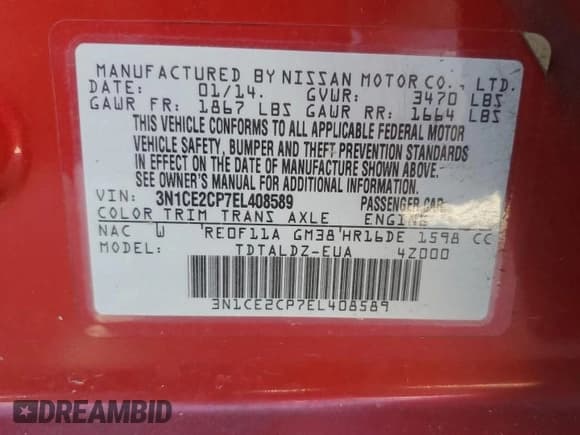 ✅ 2014 Nissan Note S • VIN: 3N1CE2CP7EL408589 • Lot: 85750305. Listed on Copart with 148,097 mi. Free auction sales archive from the USA and detailed vehicle history report at DreamBid. Image 12.