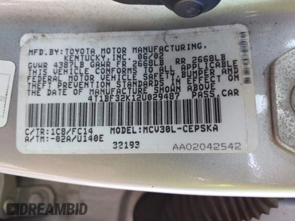 ✅ 2002 Toyota Camry XLE • VIN: 4T1BF32K12U029487 • Lot: 43089339. Listed on IAAI with 148,581 mi. Free auction sales archive from the USA and detailed vehicle history report at DreamBid. Image 9.